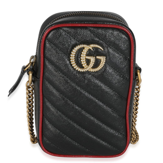 Gucci Red Black Calfskin Matelasse Mini Gg Marmont Crossbody Bag Leather Handbag