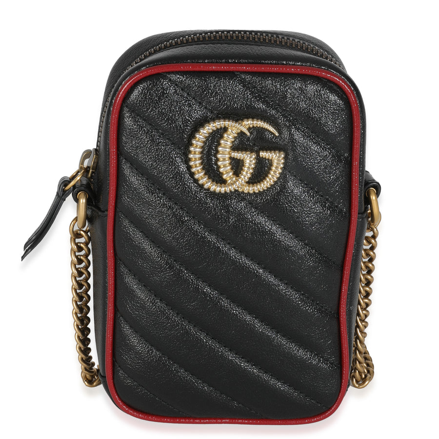 Gucci Red Black Calfskin Matelasse Mini Gg Marmont Crossbody Bag Leather Handbag