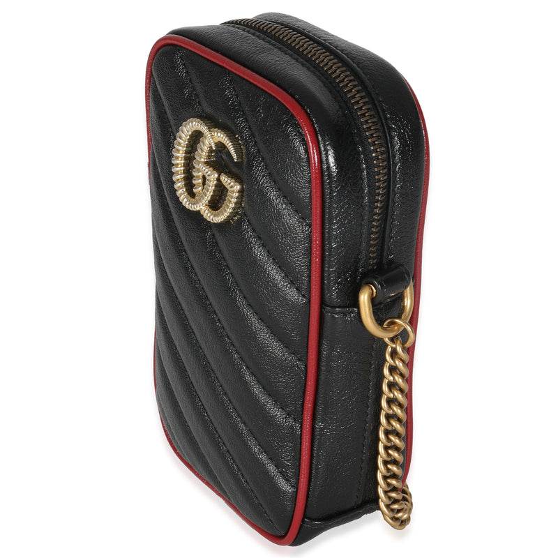 Gucci Red Black Calfskin Matelasse Mini Gg Marmont Crossbody Bag Leather Handbag