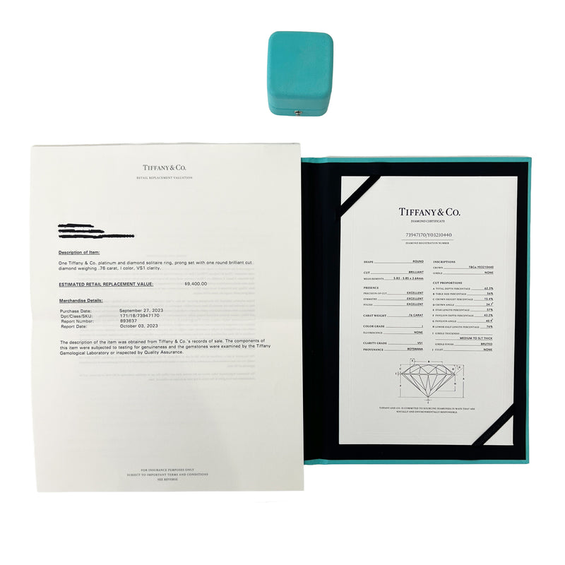 Tiffany & Co. 0.76 Ct Round Brilliant Diamond Engagement Ring 950