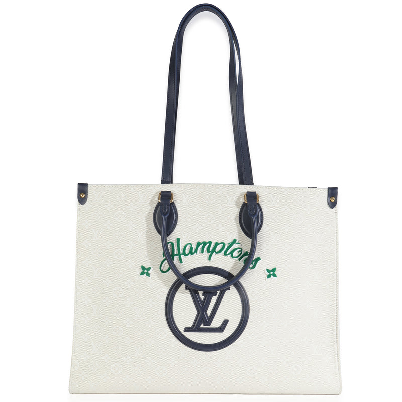 Louis Vuitton Blue Beige Jacquard Embroidered Tufted Monogram Hamptons Onthego G Beige; Canvas Handbag