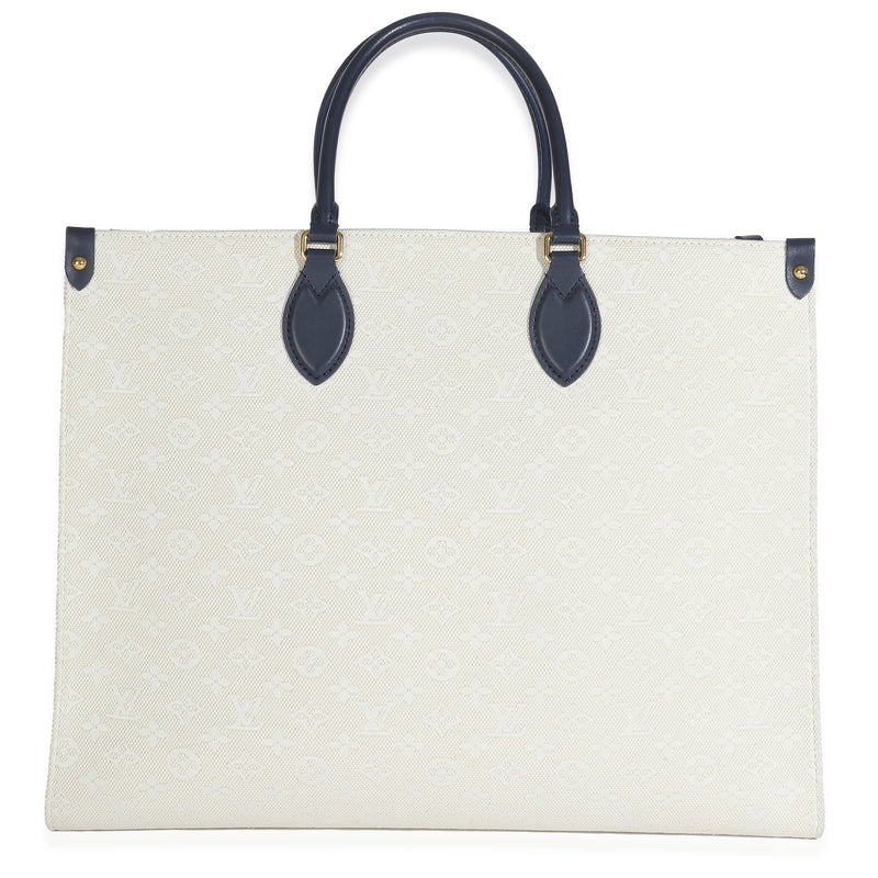 Louis Vuitton Blue Beige Jacquard Embroidered Tufted Monogram Hamptons Onthego G Beige; Canvas Handbag