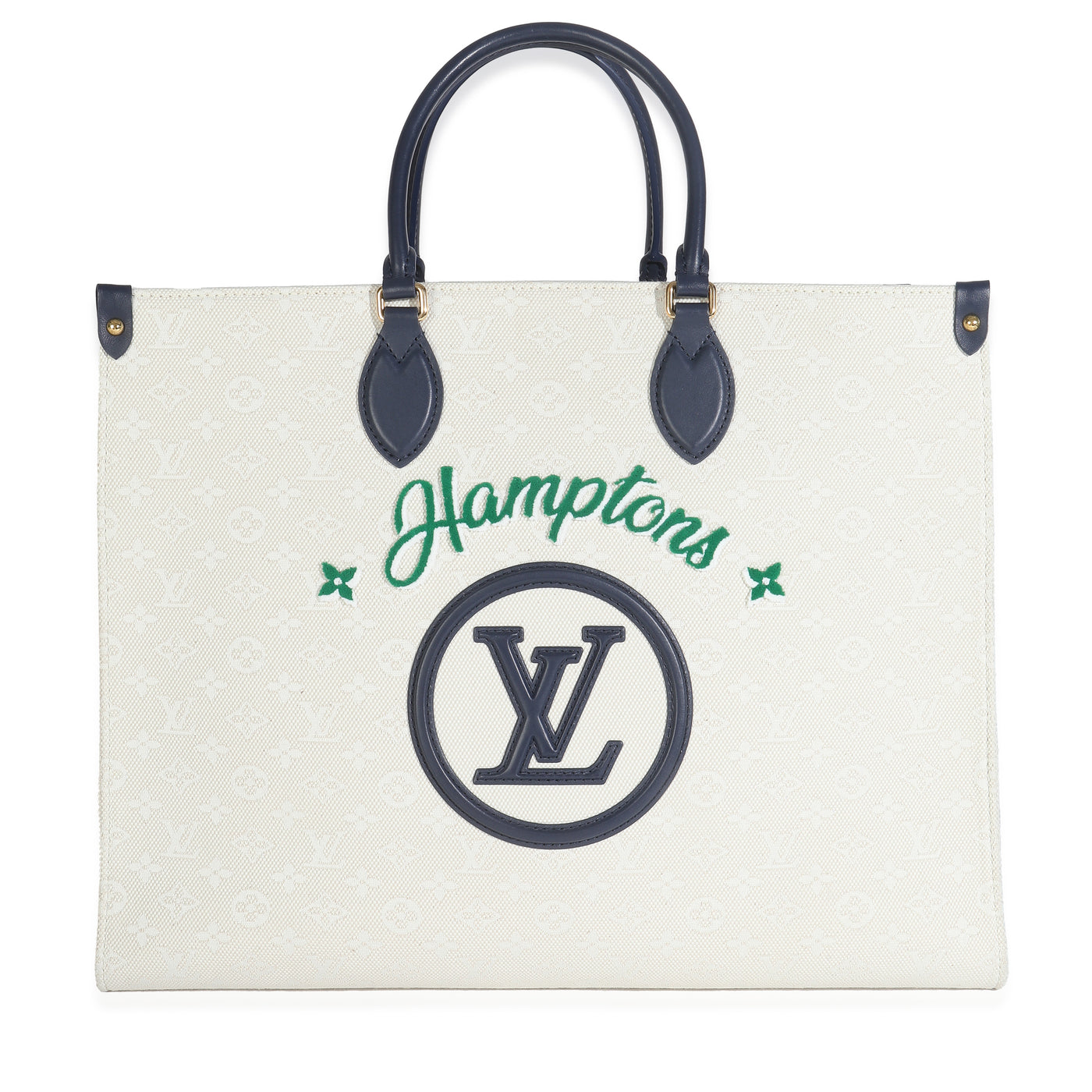 Louis Vuitton Blue Beige Jacquard Embroidered Tufted Monogram Hamptons Onthego G Beige; Canvas Handbag