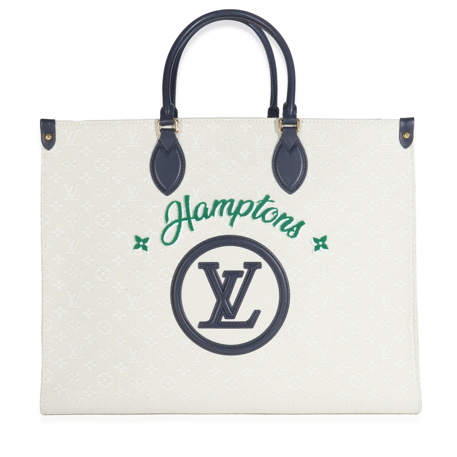 Louis Vuitton Blue Beige Jacquard Embroidered Tufted Monogram Hamptons Onthego G Beige; Canvas Handbag
