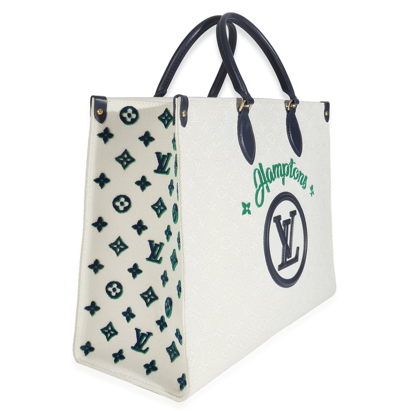 Louis Vuitton Blue Beige Jacquard Embroidered Tufted Monogram Hamptons Onthego G Beige; Canvas Handbag