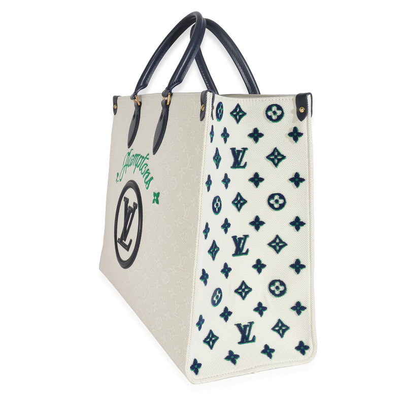 Louis Vuitton Blue Beige Jacquard Embroidered Tufted Monogram Hamptons Onthego G Beige; Canvas Handbag