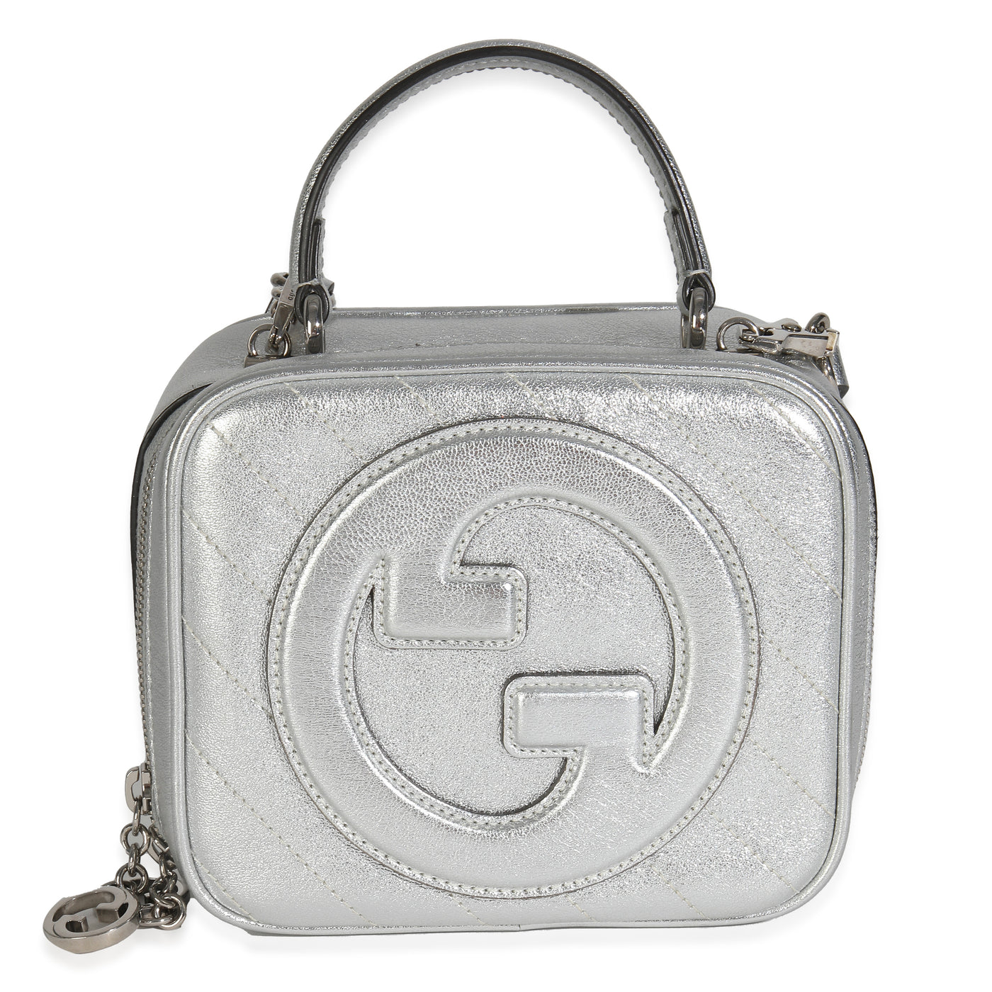Gucci Silver Metallic Sakai Be Green Calfskin Diagonal Stitched Blondie Top Hand Leather Handbag