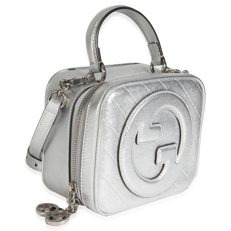 Gucci Silver Metallic Sakai Be Green Calfskin Diagonal Stitched Blondie Top Hand Leather Handbag