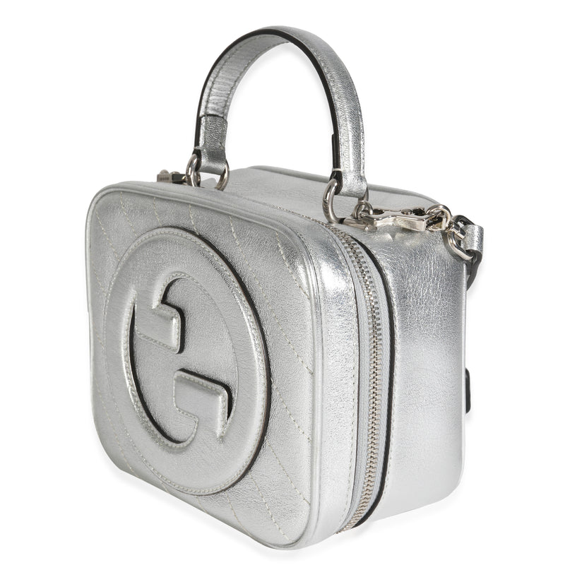 Gucci Silver Metallic Sakai Be Green Calfskin Diagonal Stitched Blondie Top Hand Leather Handbag