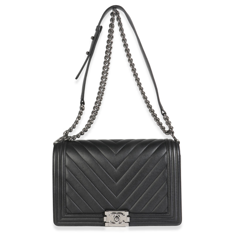 Chanel Black Calfskin Quilted Chevron New Medium Boy Bag Leather Handbag