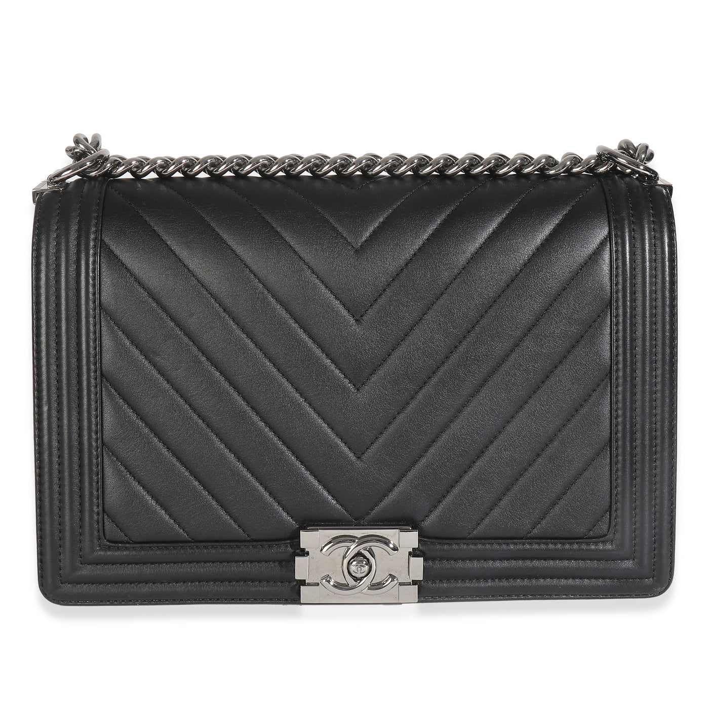 Chanel Black Calfskin Quilted Chevron New Medium Boy Bag Leather Handbag