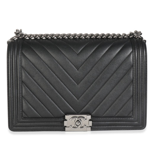 Chanel Black Calfskin Quilted Chevron New Medium Boy Bag Leather Handbag