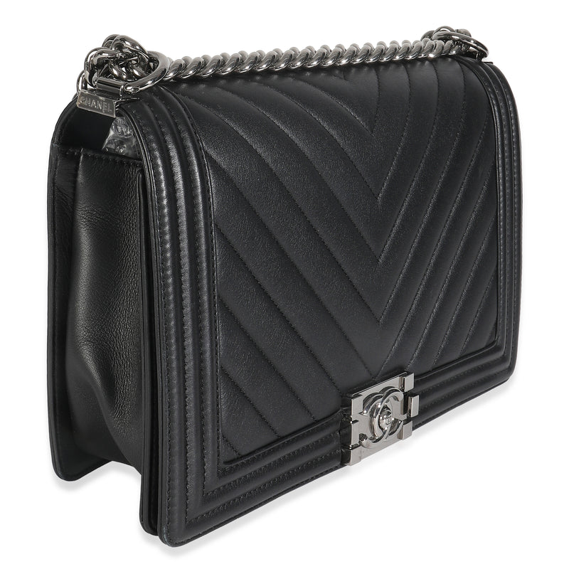 Chanel Black Calfskin Quilted Chevron New Medium Boy Bag Leather Handbag