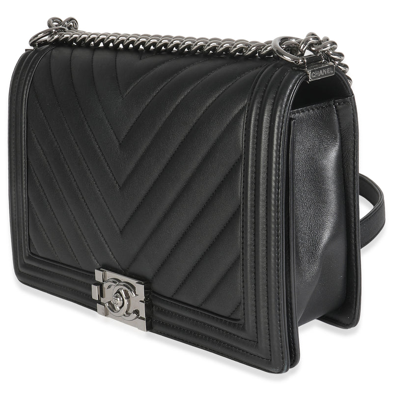 Chanel Black Calfskin Quilted Chevron New Medium Boy Bag Leather Handbag