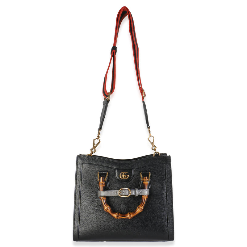 Gucci Black Dusty Grey Textured Dollar Calfskin Web Small Diana Tote Leather Handbag