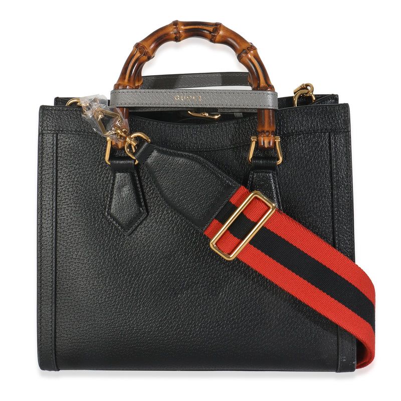 Gucci Black Dusty Grey Textured Dollar Calfskin Web Small Diana Tote Leather Handbag