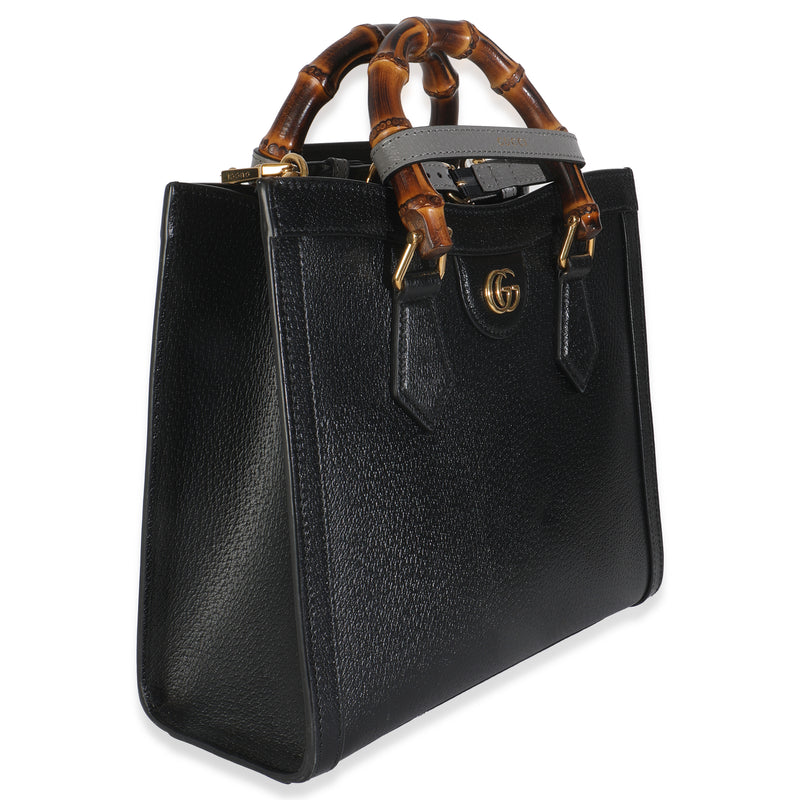 Gucci Black Dusty Grey Textured Dollar Calfskin Web Small Diana Tote Leather Handbag