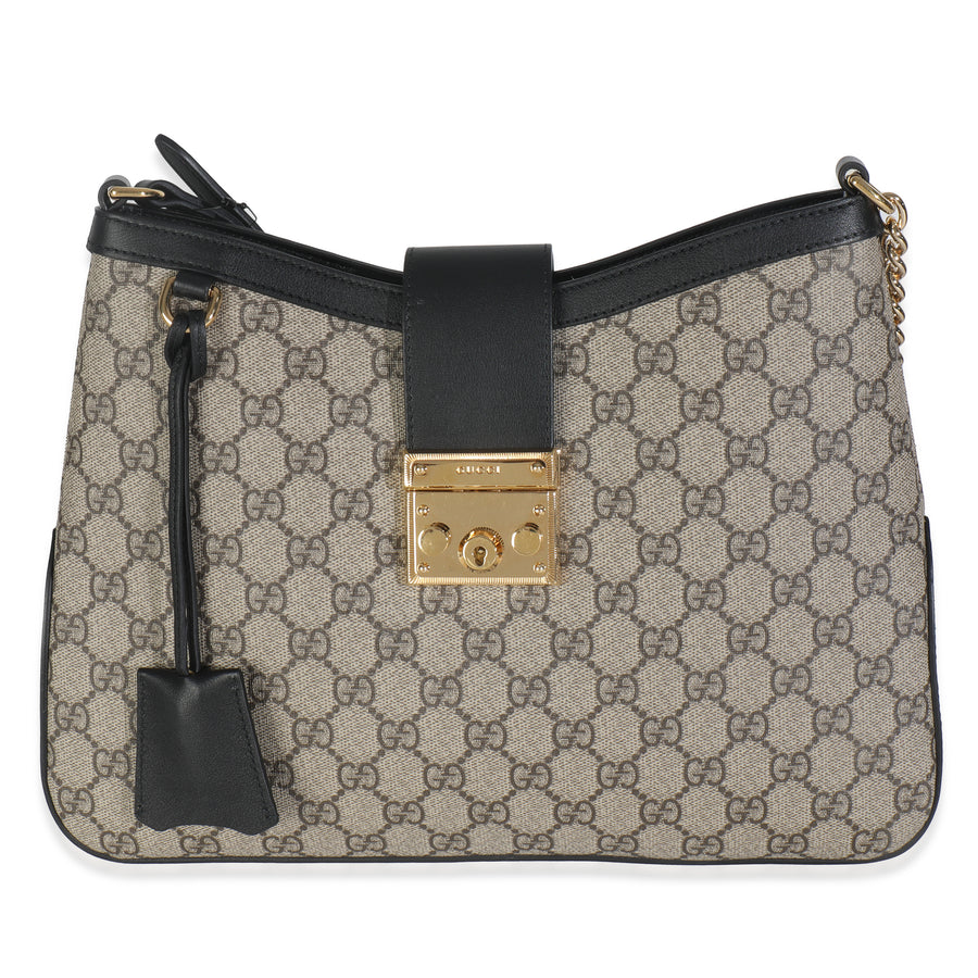 Gucci Beige Black Gg Supreme Monogram Canvas Medium Padlock Shoulder Bag Beige; Handbag