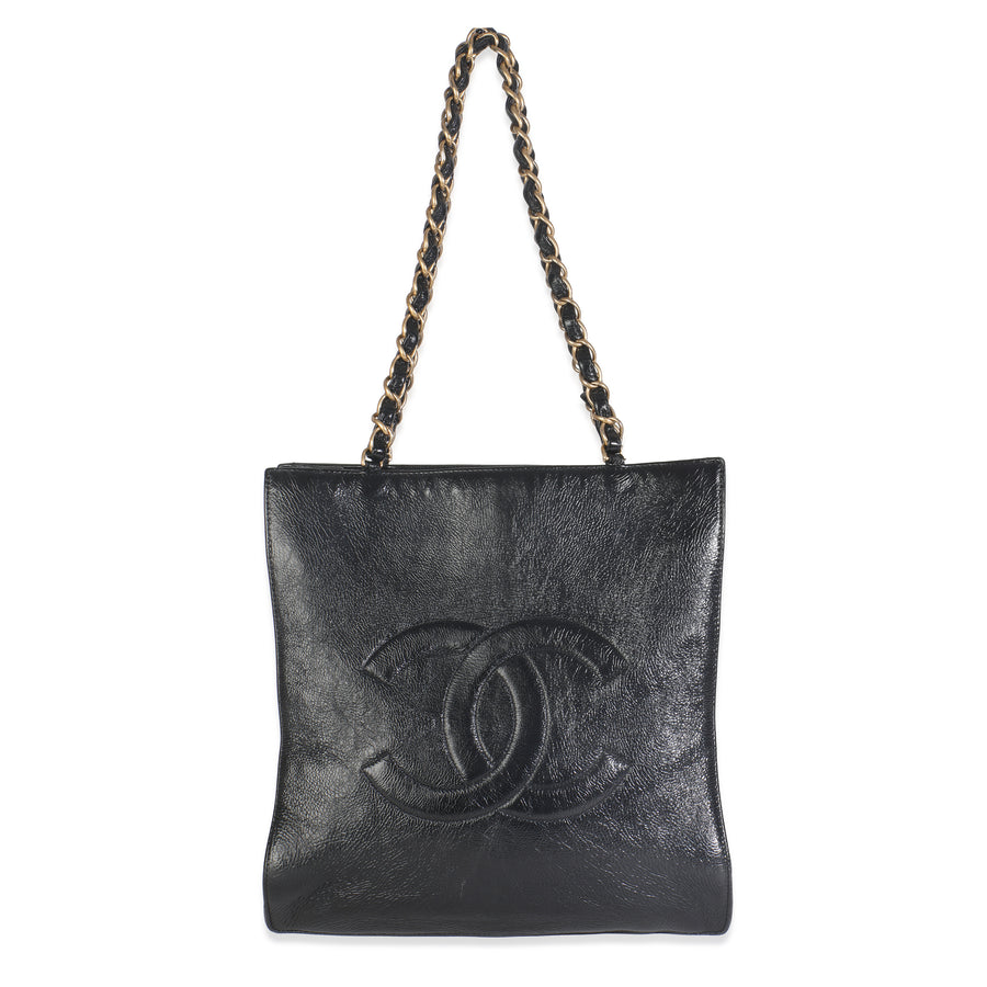 Chanel Black Shiny Aged Calfskin North South Shopping Bag Leather Handbag