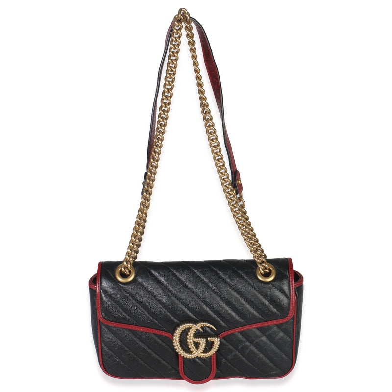 Gucci Red Black Calfskin Torchon Small Gg Marmont Bag Black; Leather Handbag