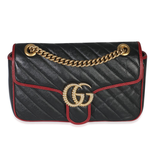 Gucci Red Black Calfskin Torchon Small Gg Marmont Bag Black; Leather Handbag