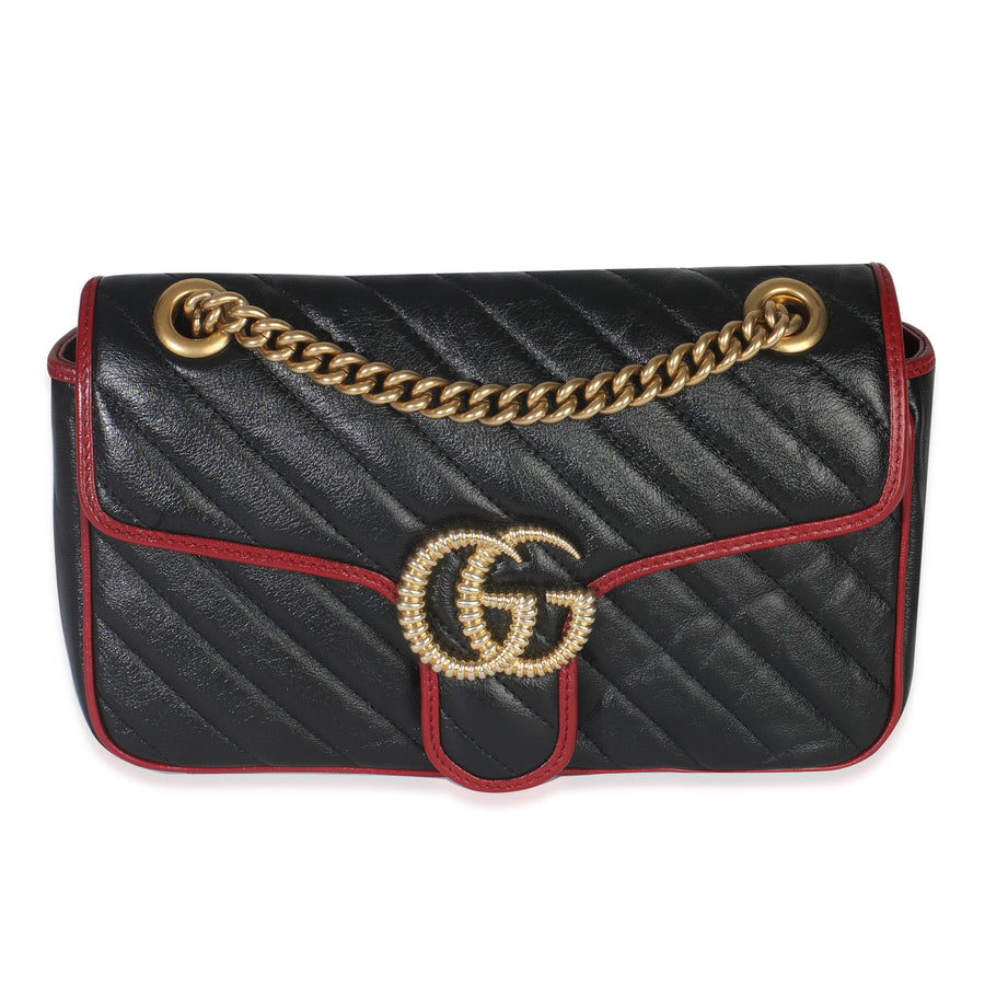 Gucci Red Black Calfskin Torchon Small Gg Marmont Bag Black; Leather Handbag