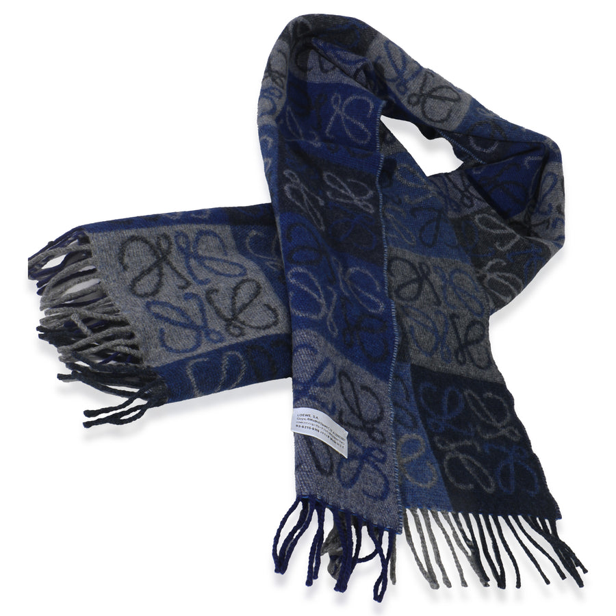 Loewe Blue Grey Wool Cashmere Double Face Anagram Fringe Scarf Fabric Scarves/wraps