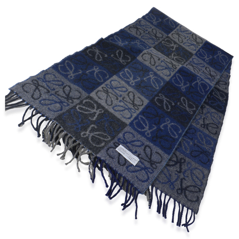Loewe Blue Grey Wool Cashmere Double Face Anagram Fringe Scarf Fabric Scarves/wraps