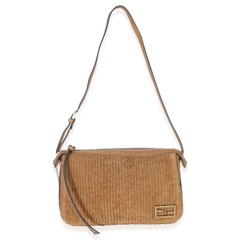 Fendi Miele Scuro Shearling Vitello Medium Simply Shoulder Bag Brown Fabric Handbag
