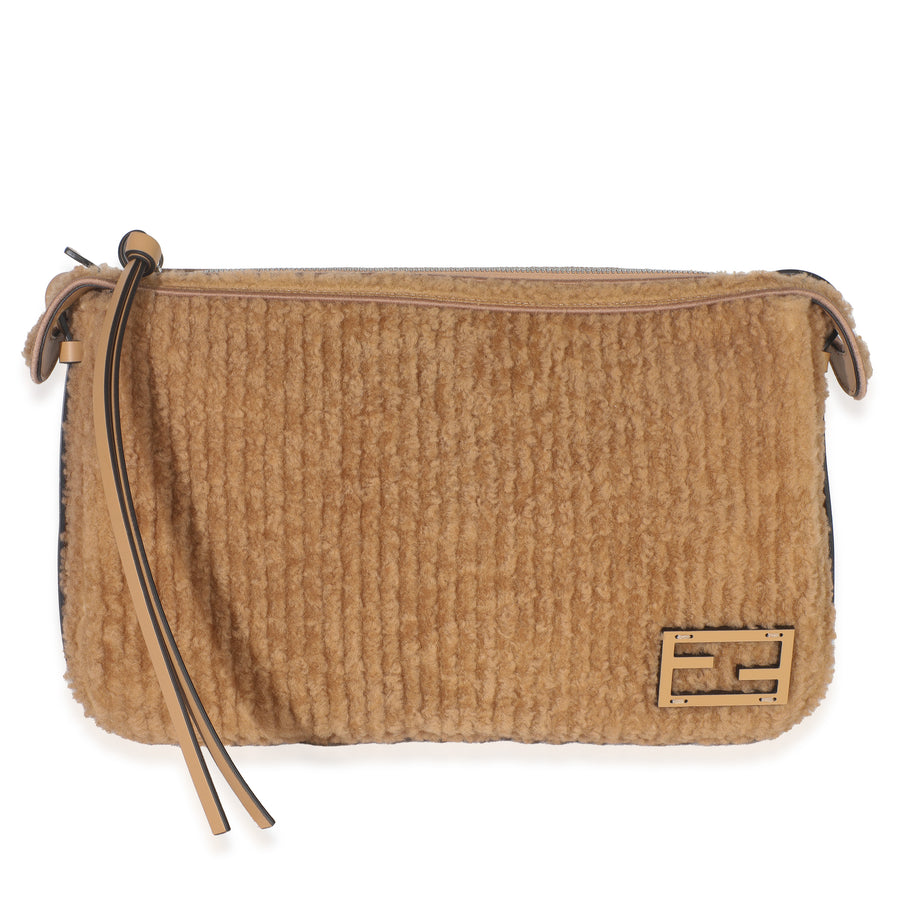 Fendi Miele Scuro Shearling Vitello Medium Simply Shoulder Bag Brown Fabric Handbag