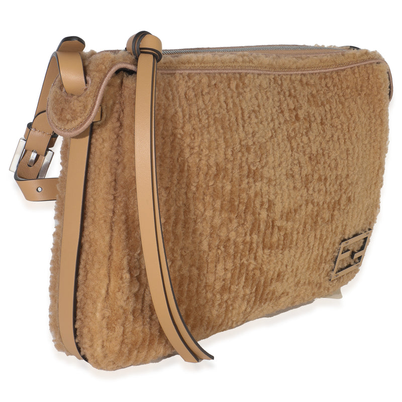 Fendi Miele Scuro Shearling Vitello Medium Simply Shoulder Bag Brown Fabric Handbag