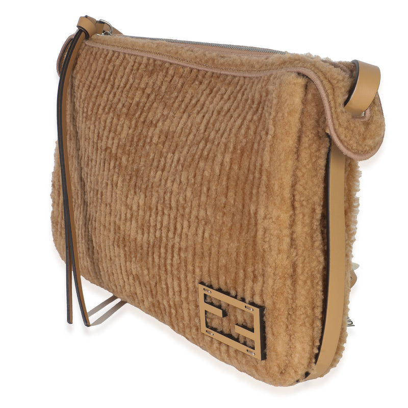 Fendi Miele Scuro Shearling Vitello Medium Simply Shoulder Bag Brown Fabric Handbag