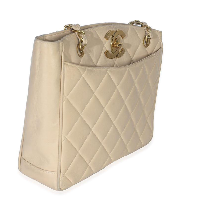 Chanel Vintage Beige Quilted Lambskin Cc Shoulder Tote Leather Handbag