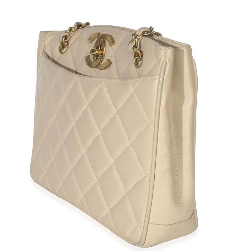Chanel Vintage Beige Quilted Lambskin Cc Shoulder Tote Leather Handbag
