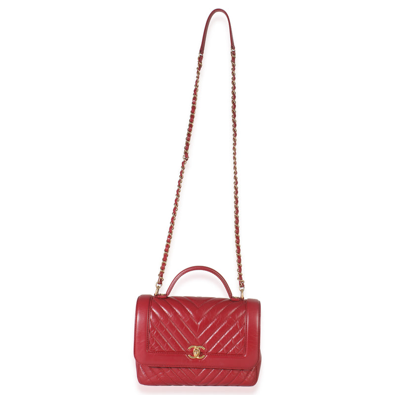 Chanel Red Chevron Calfskin Top Handle Flap Bag Leather Handbag