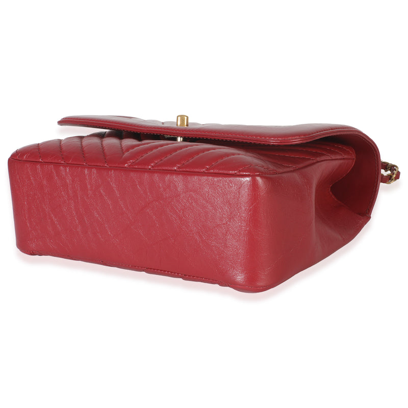 Chanel Red Chevron Calfskin Top Handle Flap Bag Leather Handbag