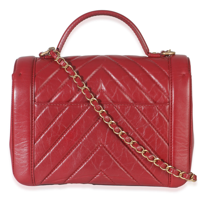 Chanel Red Chevron Calfskin Top Handle Flap Bag Leather Handbag