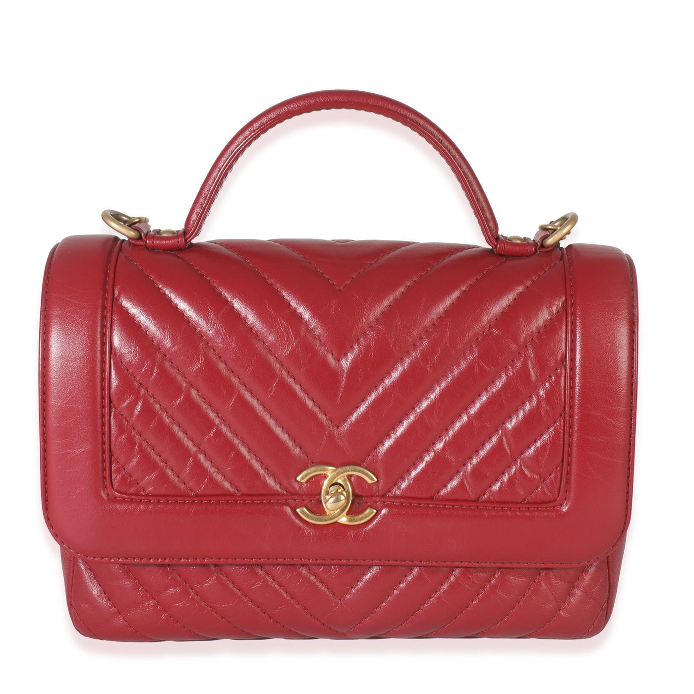 Chanel Red Chevron Calfskin Top Handle Flap Bag Leather Handbag