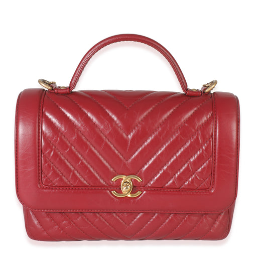 Chanel Red Chevron Calfskin Top Handle Flap Bag Leather Handbag