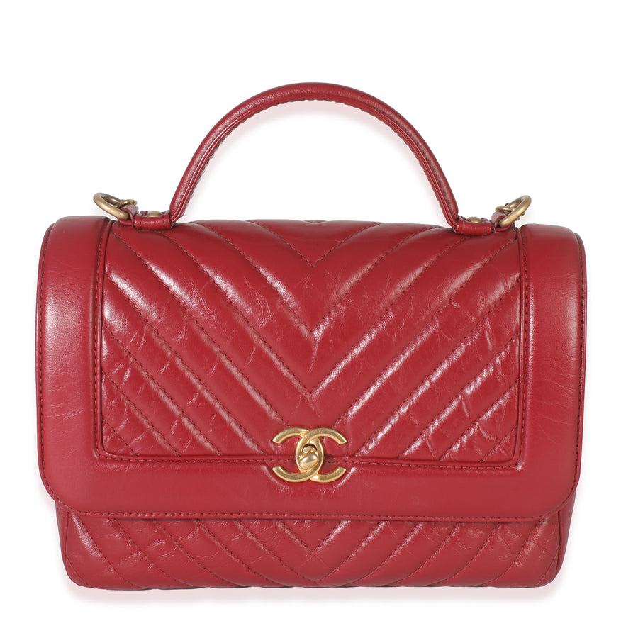 Chanel Red Chevron Calfskin Top Handle Flap Bag Leather Handbag