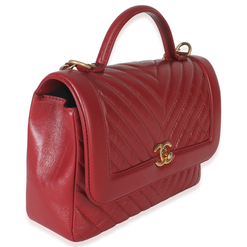 Chanel Red Chevron Calfskin Top Handle Flap Bag Leather Handbag