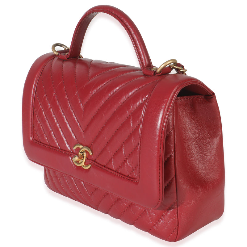 Chanel Red Chevron Calfskin Top Handle Flap Bag Leather Handbag