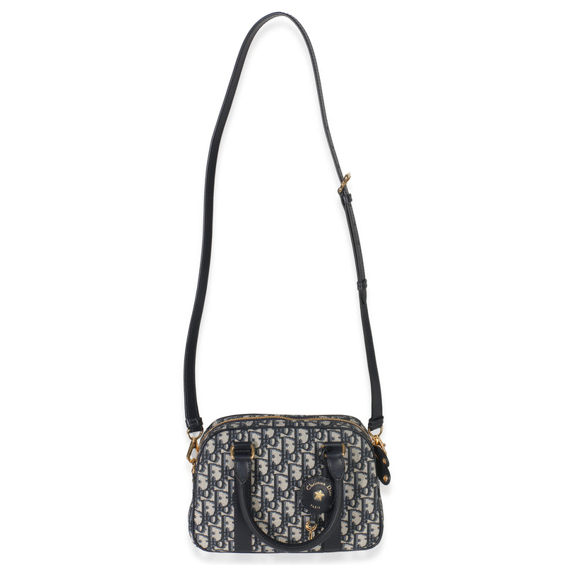 Christian Dior Navy Oblique Canvas Small D Vibe Bowling Bag Blue Fabric Handbag