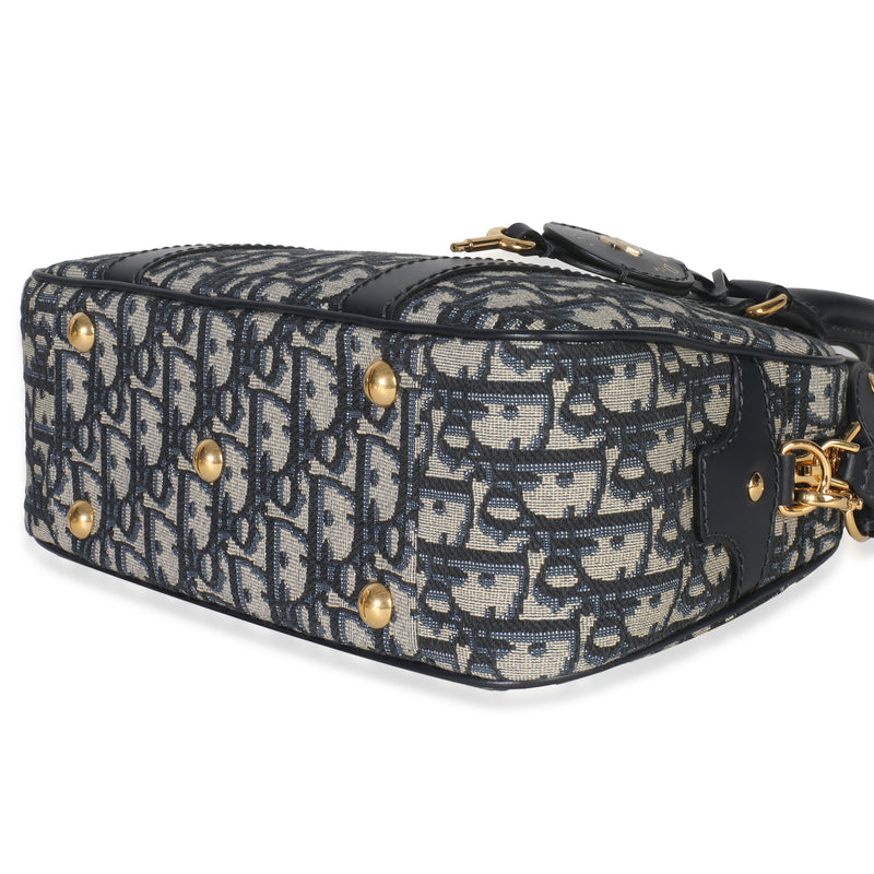 Christian Dior Navy Oblique Canvas Small D Vibe Bowling Bag Blue Fabric Handbag