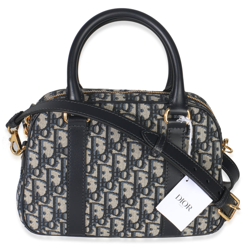 Christian Dior Navy Oblique Canvas Small D Vibe Bowling Bag Blue Fabric Handbag