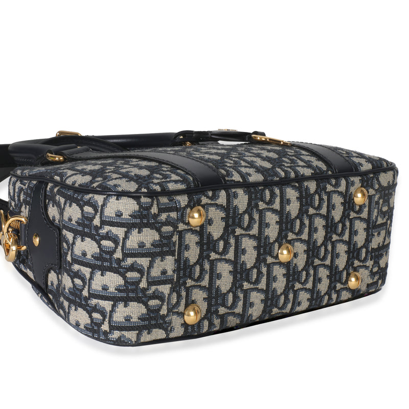 Christian Dior Navy Oblique Canvas Small D Vibe Bowling Bag Blue Fabric Handbag