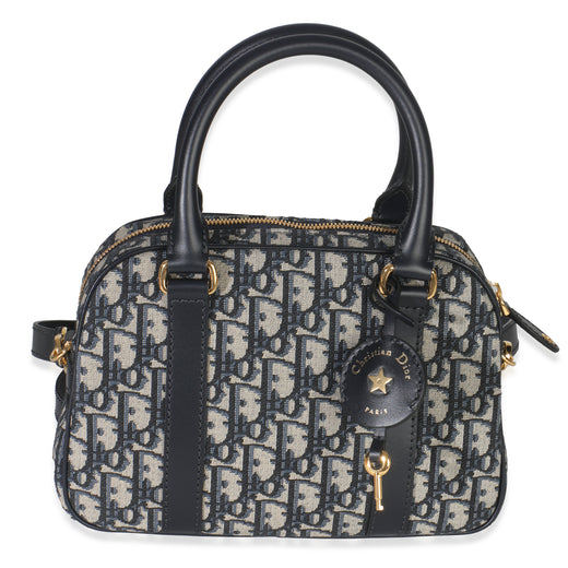 Christian Dior Navy Oblique Canvas Small D Vibe Bowling Bag Blue Fabric Handbag