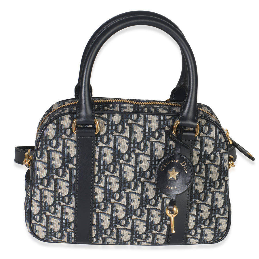 Christian Dior Navy Oblique Canvas Small D Vibe Bowling Bag Blue Fabric Handbag