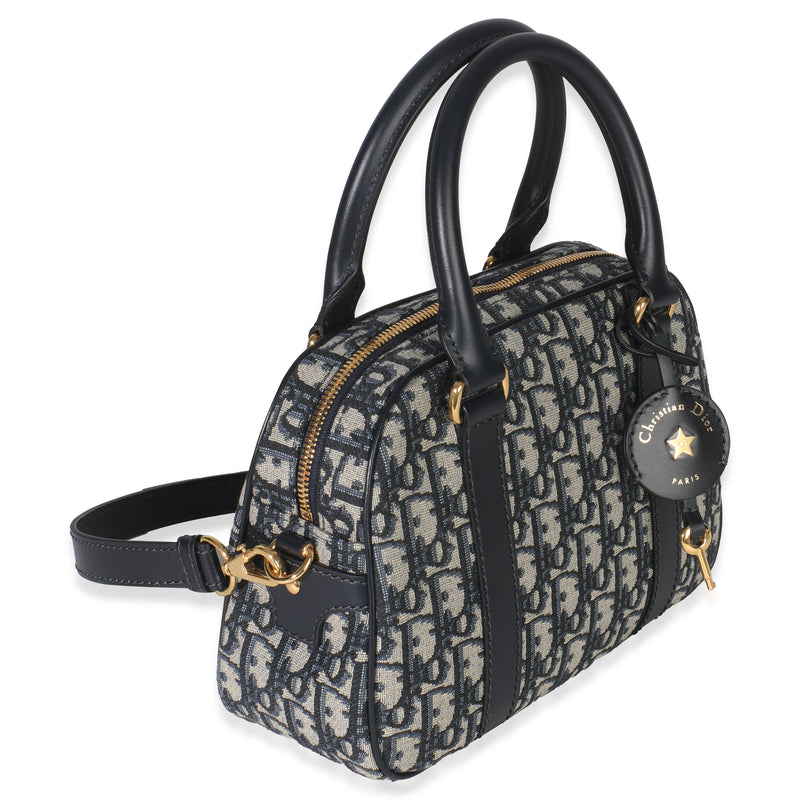 Christian Dior Navy Oblique Canvas Small D Vibe Bowling Bag Blue Fabric Handbag