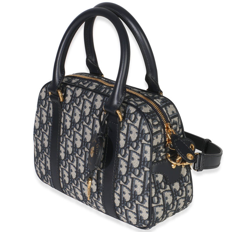 Christian Dior Navy Oblique Canvas Small D Vibe Bowling Bag Blue Fabric Handbag